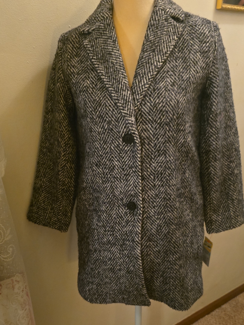 New Cat & Jack Girls L Black Gray Herringbone Pea Jacket Coat